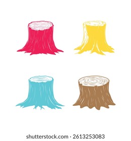 Features four colorful tree stumps with detailed wood rings. A cartoon style vector illustration on a white background, perfect for various creative projects.