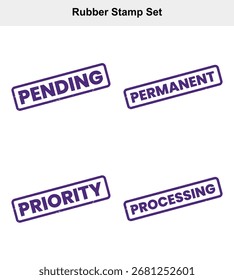 Features four isolated purple rubber stamps on a white background, displaying the words Pending, Permanent, Priority, and Processing in bold letters.