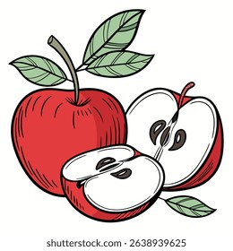 Features a fresh whole red apple with leaves accompanied by cut apple slices, all set against a bright white background, creating a vibrant, natural feel.