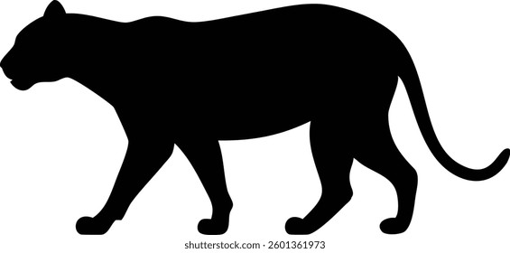 Features a full body silhouette of a black panther walking. The feline predator has a curled tail and a sleek body shape against a stark white background.