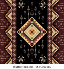 features a geometric motif with earthy tones of brown, gold, and black. The central diamond shape is surrounded by intricate patterns, creating a bold, symmetrical, and culturally inspired aesthetic.