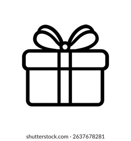 Features a gift box in a black outline, adorned with a bow, set against a transparent background, perfect for simple and elegant icon design needs.
