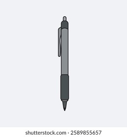 
features a gray pen in a cartoon style drawn on a plain white background.