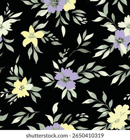 It features green leaves surrounded by elegant flowers in yellow and purple tones that stand out against a black background. Flowers in different sizes