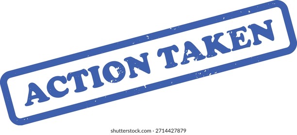 Verfügt über einen farbigen, blauen Gummistempelabdruck, der ACTION TAKEN liest, einzeln auf weißem Hintergrund. Der Stempel hat einen Tinteneffekt und sorgt für einen abgenutzten, vintage Look.