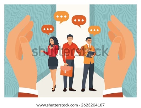 features hands-in-frame and a group of people engaged in professional interaction human recourses, perks, benefits for personnel and wellbeing. Employee care concept. Flat vector illustration