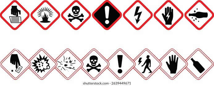 Features hazard pictograms displayed in red-bordered diamond shapes against a white background. Symbols include health, physical, and environmental hazards.