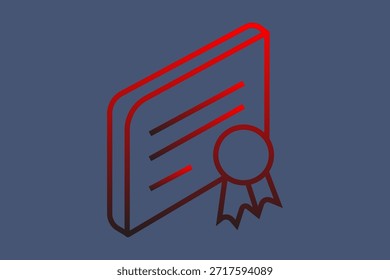Possui linhas de texto horizontais e um selo proeminente com fitas no canto, representando conquista, qualidade ou graduação.