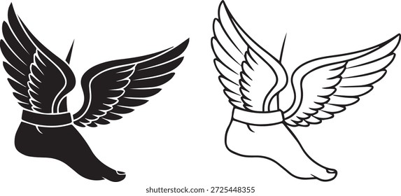 It features a human foot, often wearing a sandal or shoe, with wings attached to the ankle or heel