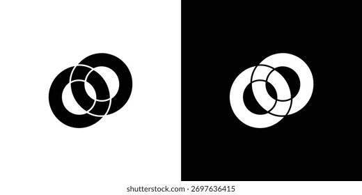 Features an icon of two intersecting circles, creating an abstract design with overlapping rings. The vector is in monochrome, presenting a simple yet striking shape.