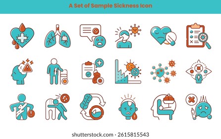 Features icons set of disease symptoms, diagnostic tools, and various medical conditions. Outline design with turquoise fill and brown outline on white background.