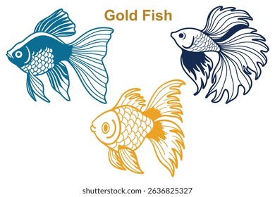 Features an illustration of goldfish in blue, gold, and outlined styles. Each goldfish design is distinct, set against a transparent background.