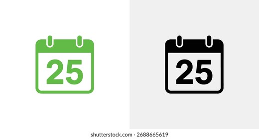 Presenta un icono de calendario aislado establecido para el día 25, con una interpretación en verde y la otra en negro, representada sobre un fondo transparente.