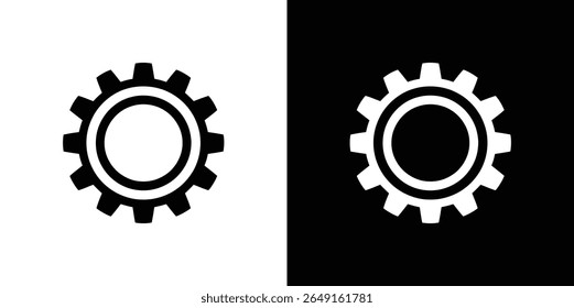 Features isolated gear icon in black and white, displaying a cogwheel symbol evenly distributed on split contrasting backgrounds for design flexibility.