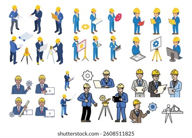 Features an isometric collection of engineers wearing hard hats,architects involved in construction, planning and surveying tasks against a white background.