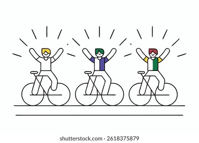 Apresenta ciclistas alegres levantando os braços em comemoração. A arte em linha mostra simplicidade com charme moderno, em um cenário claro e transparente.