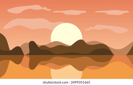 features a large orange sun setting over a calm lake with mountains in the background