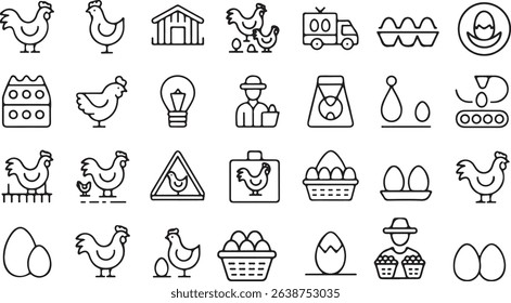 Features line art icons of chickens, eggs, farmers, trucks, farms, and baskets, all in a clean, outlined style with a transparent backdrop for versatile use.