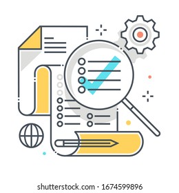 Features list related color line vector icon, illustration. The icon is about check list, to do, document, magnifier, search, search engine. The composition is infinitely scalable.