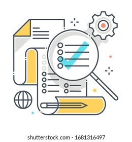 Features list related color line vector icon, illustration. The icon is about check list, to do list, document, magnifier, search, check mark, paper, scroll. The composition is infinitely scalable.
