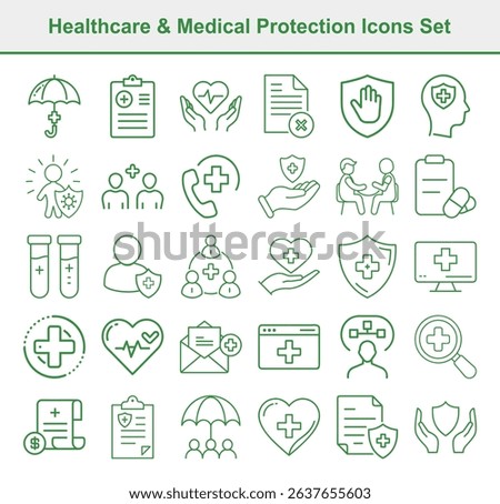 Features medical protection symbols, shield, heart, people, plus, and cross icons.