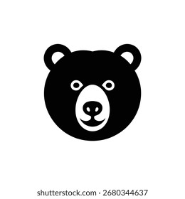Apresenta uma ilustração vetorial preto e branco minimalista de uma cabeça de urso de desenho animado com um design simples e limpo. Seu rosto é branco, colocado sobre um fundo preto.