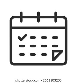 Cuenta con un icono de calendario minimalista, renderizado en estilo de contorno, con una marca de verificación en una fecha y un símbolo de juego. El fondo transparente permite una integración flexible.