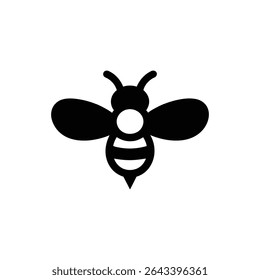 Features a minimalist, flat vector illustration of a black bee with a white spot, distinct wings and a striped body. Ideal for versatile design needs.