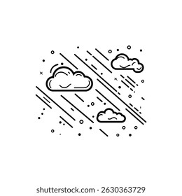 Features minimalist outline clouds and rain with abstract geometric elements on a transparent backdrop, creating a modern, weather-themed icon.