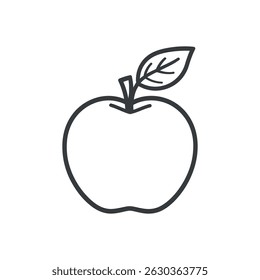 Features a minimalist outline vector illustration of an apple with an attached leaf, set against a transparent background. Simple, clean food icon.
