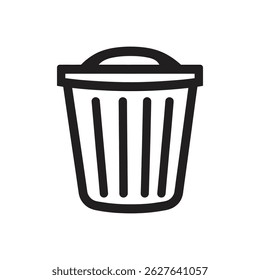 Features a minimalist, outlined black trash bin icon, isolated against a transparent backdrop, perfect for conveying cleanliness and waste management concepts.