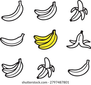 features a minimalist, structured 3x3 grid layout showcasing various stylized banana icons against a solid white background. The collection displays different states and groupings of the fruit, including single bananas, bunches of two or three, open peeled bananas, and a discarded banana peel. Eight of the vector drawings are rendered in a clean, black-and-white line art style. Standing out prominently in the exact center of the grid is a single vibrant, bright yellow bunch of three bananas outlined in black. This clever 