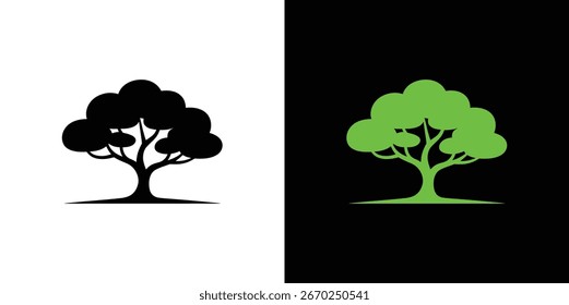 Cuenta con un icono de silueta de árbol minimalista. El diseño estilizado muestra árboles negros y verdes sobre fondos blancos y negros contrastantes.
