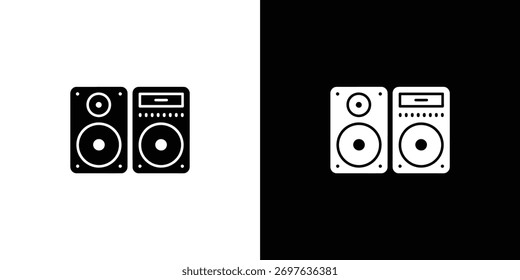 Apresenta uma ilustração vetorial minimalista de um par de alto-falantes, contrastado com um plano de fundo dividido. Alto-falantes em preto e branco, gráficos e modernos.
