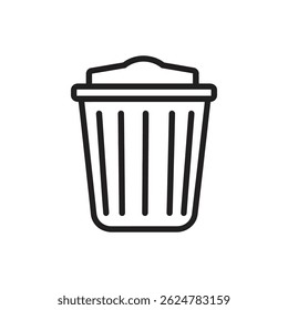 Features a minimalist waste bin icon. A clear, black outline of a trash can on a white background is shown in a vector format, perfect for various design needs.