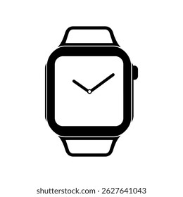 Features a minimalistic, monochrome rendering of a smartwatch with a square dial, rounded edges, and simple hands on transparent backdrop. Isolated icon for UI design.