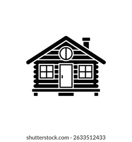 Features a monochrome silhouette of a detailed log cabin with a chimney and round window on transparent backdrop, ideal for architectural designs.