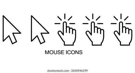 Features mouse cursor and pointing hand icons. Contains a collection of flat line-art cursor arrows and hand pointers on white background.