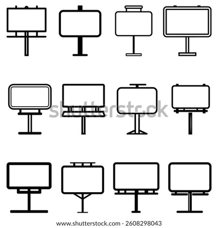 Features multiple billboard icons with a clean black outline on a white background. Includes various designs and shapes, each offering a blank space.