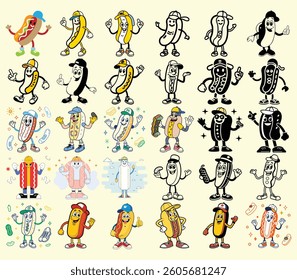 Features multiple cartoon hot dog characters, smiling, with caps and shoes, arranged on a bright background. They convey a playful, positive mascot feel.