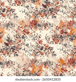 features a natural pattern of delicate flowers and leaves branching out on a soft background in cream tones