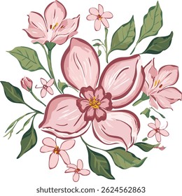 features a nature-inspired floral composition that offers a peaceful combination of hot pink and pastel shades