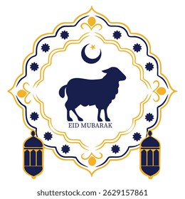 Features a navy sheep with moon star art, ornate gold frame with lantern details. Eid Mubarak text completes the festive, vibrant design on white.