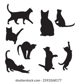 features nine black silhouettes of different cats,  Each cat is depicted in a different position and style, showing various activities and postures