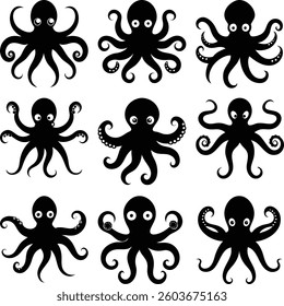 Features nine octopus silhouette designs in black, each displaying varied tentacle patterns, set against a clean transparent background.