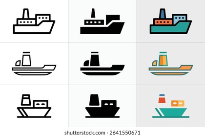 Features nine ship icons in outline, silhouette, and color, showcasing ferryboat variations and different vessel types on a clean, light background.
