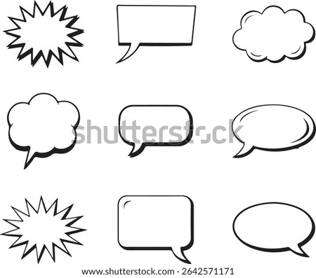 Features nine speech bubble icons in various shapes, bold black outlines, and clean white interiors displayed over a transparent background for easy integration.