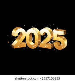 features the number "2025" rendered in bold, golden, 3D text with a shimmering effect. The design is set against a solid black background, accentuated by small glowing particles and sparkle