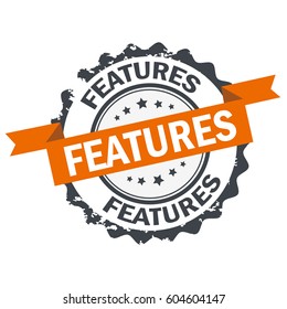 Features orange grunge stamp seal logo isolated on white