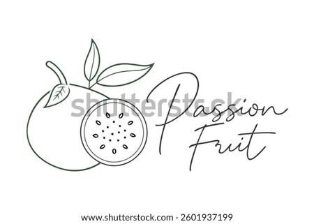 Features outlined passion fruit and leaves alongside 'Passion Fruit' text in cursive. The minimalist design emphasizes clean lines and simplicity.